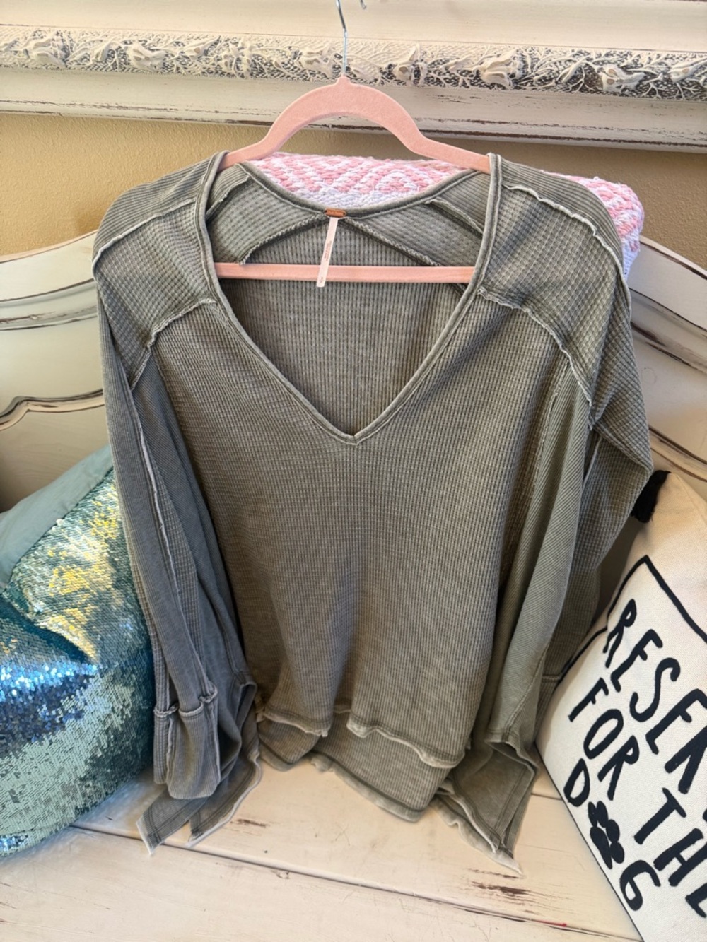 Free People Olive Green Washed Ribbed V-Neck Top
